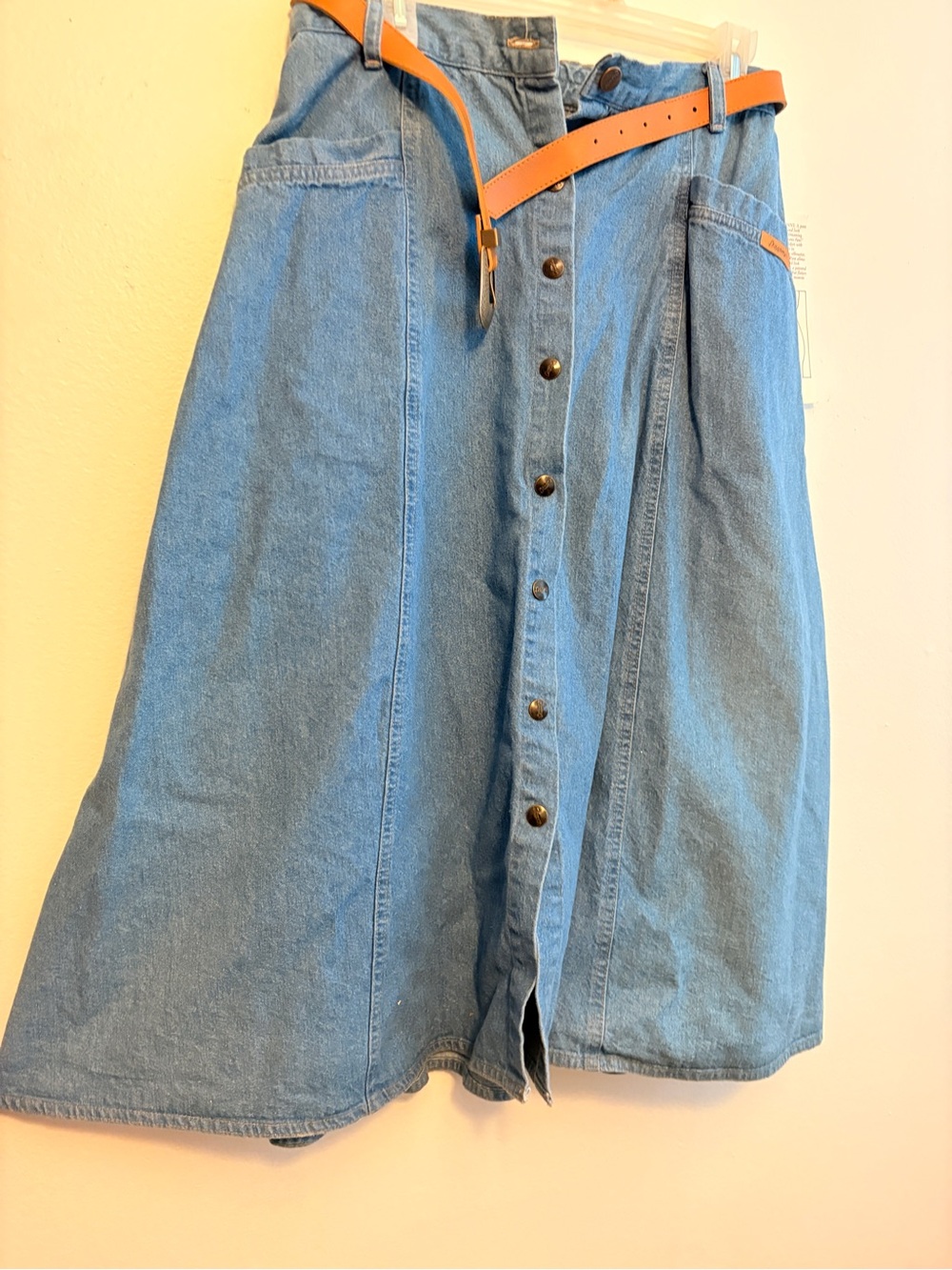 Light Blue Denim Button-Front A-Line Skirt with Tan Belt